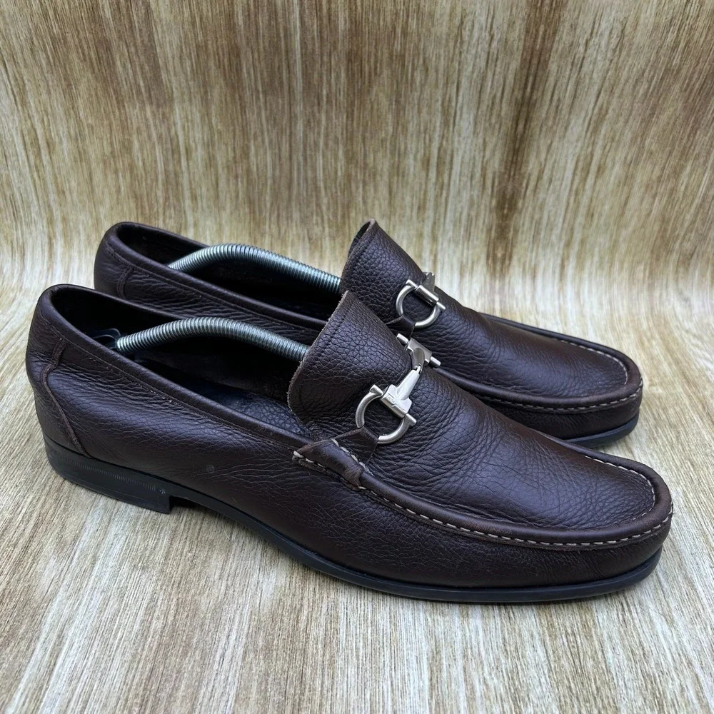 Salvatore Ferragamo Magnifico Bit Loafers Men's Size 12 Brown Pebbled Gancini